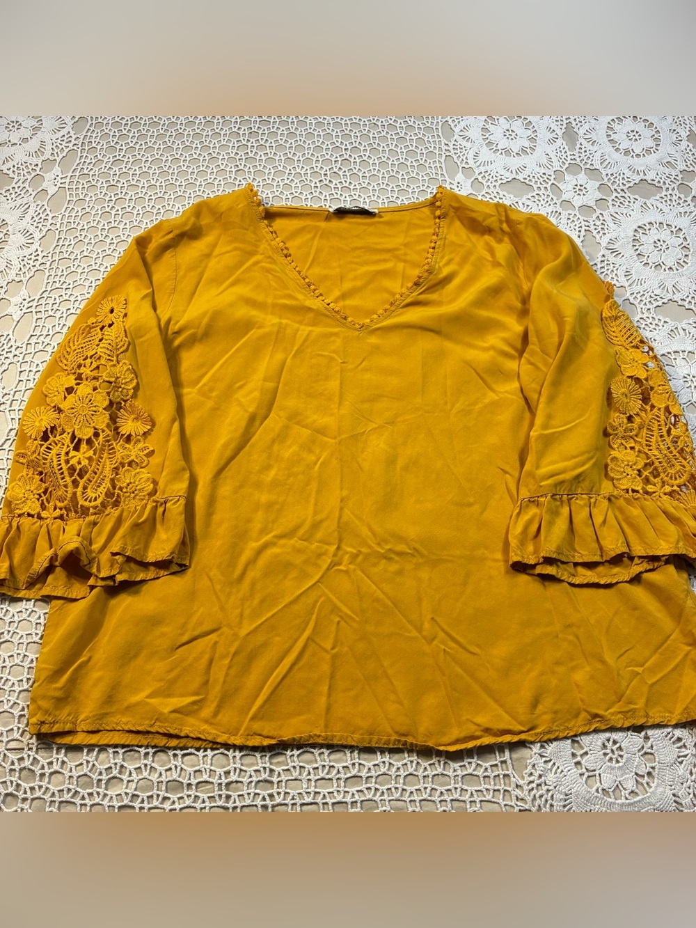 Rusttydustty Womens XXL Mustard Boho Lace Sleeve Ruffle V Neck Blouse Cotton Top